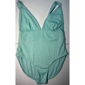 Coastal Waves One Piece Swimsuit Aqua Blue Ribbed Plunge Neck Size 1X Swimwear
